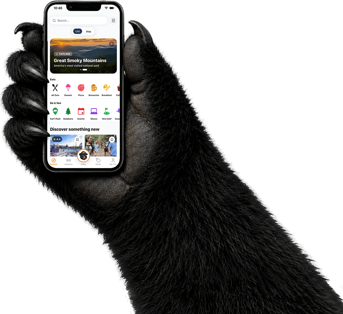 A bear paw holding a phone showing the Smokies app